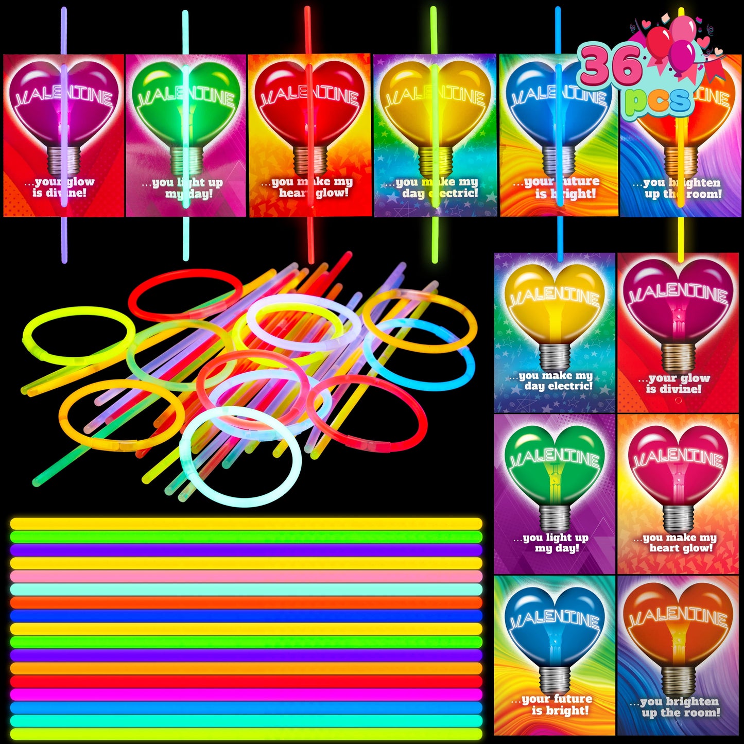 36 Packs Glow Sticks Bracelet with Neon Valentines Day Gift Cards Valentine Exchange Cards for Kids Class Valentines Party Favors
