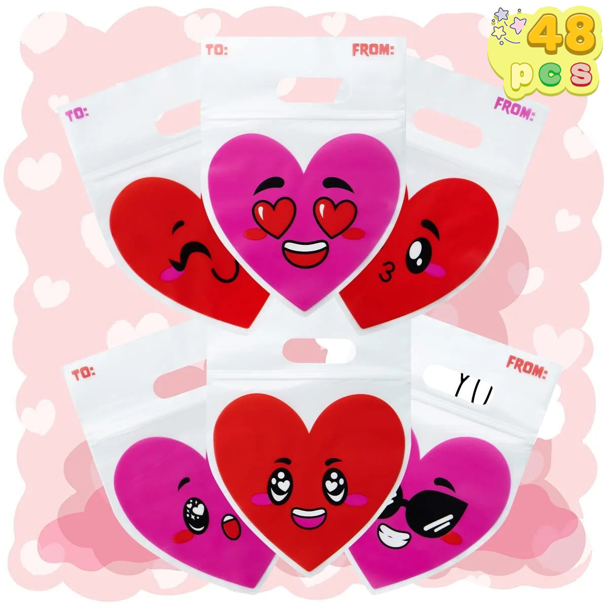 48 Pcs Valentine’s Day Cellophane Gift Bag, Candy Treat Bags with Red Pink Heart Designs for Kids Party Favor Supplies, Classroom Gift Exchange Prizes, Valentine’s Goodie Bags