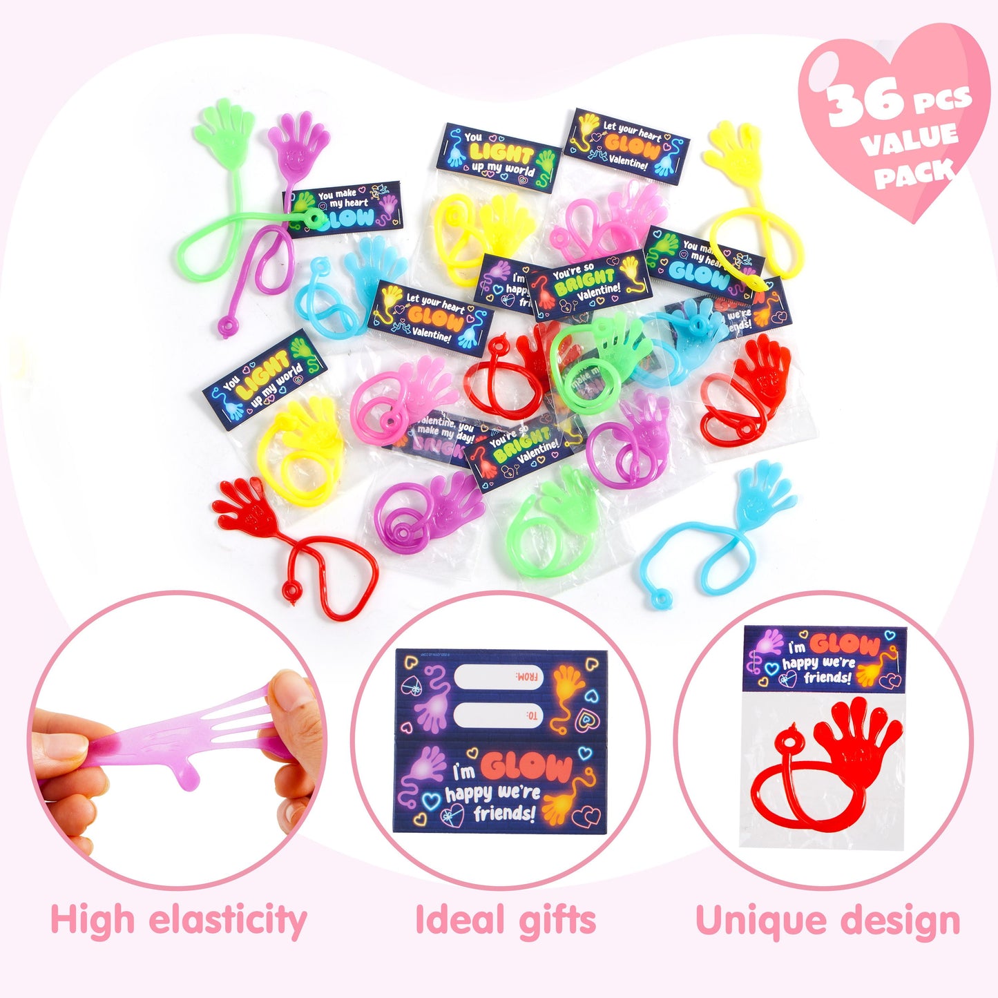 36 Packs Sticky Hands with Card Headers for Kids Party Favor, Classroom Exchange Prizes, Valentine’s Greeting Cards, Valentine Party Favors, Valentine Exchange Gifts