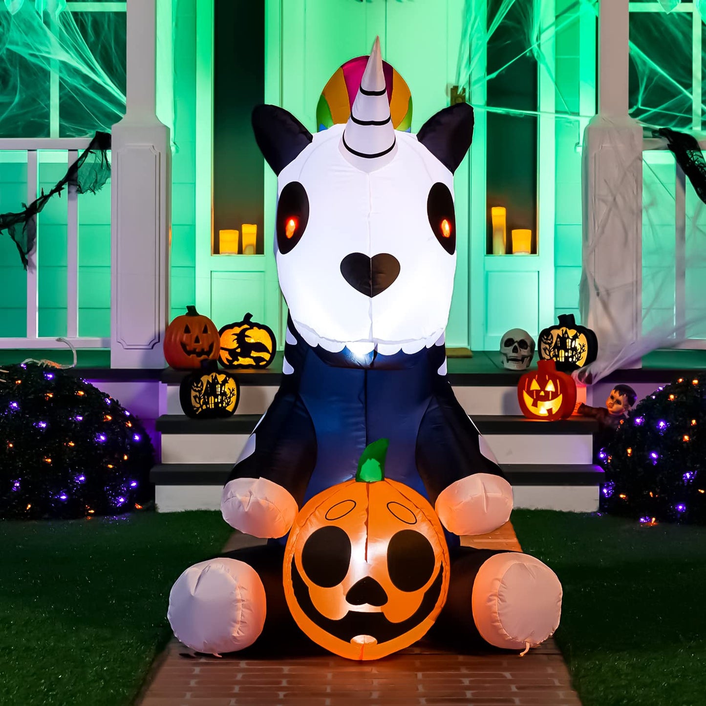 Joiedomi 5 FT Tall Halloween Inflatable Sitting Skeleton Unicorn Inflatable Yard Decoration with Build-in LEDs Blow Up Inflatables for Halloween Party Indoor, Outdoor, Yard, Garden, Lawn Decorations