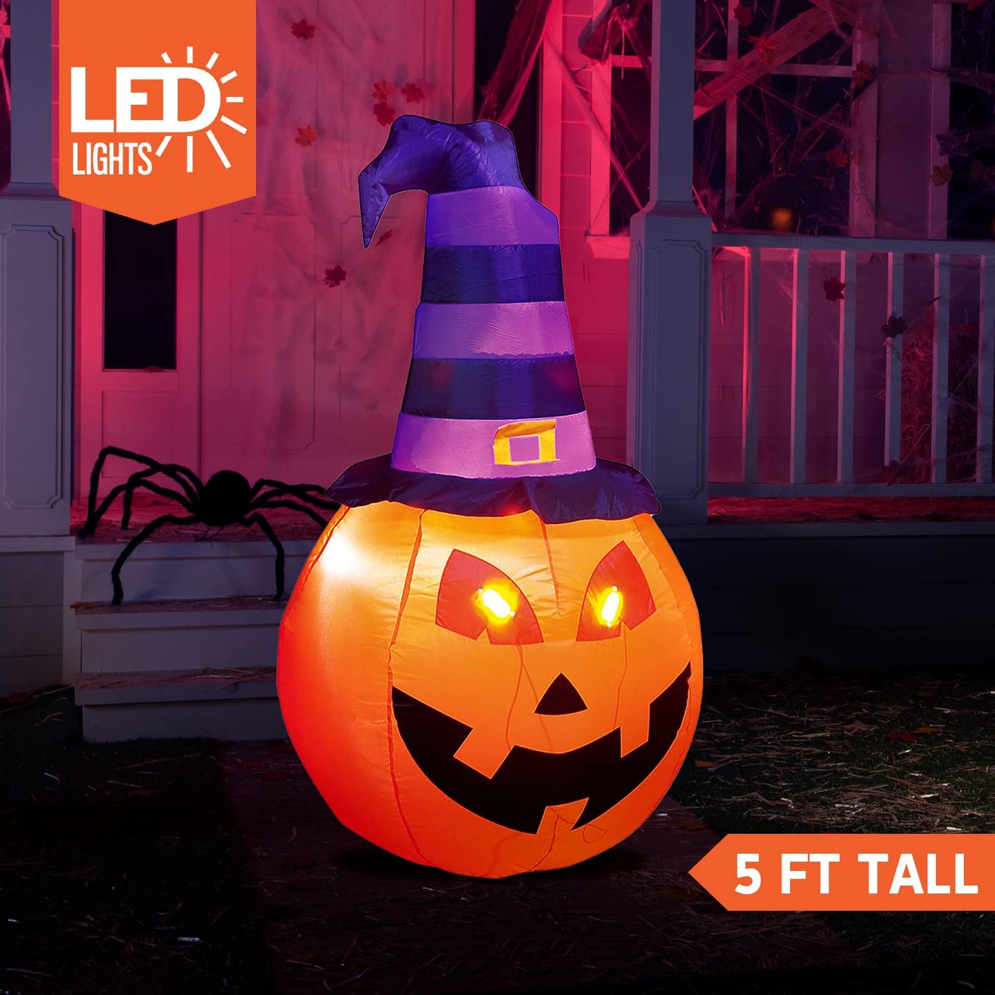 Syncfun 5 FT Halloween Inflatable Pumpkin with Witch Hat and Build-in LEDs,Blow up Halloween Decorations,Fall Inflatables Outdoor Decorations