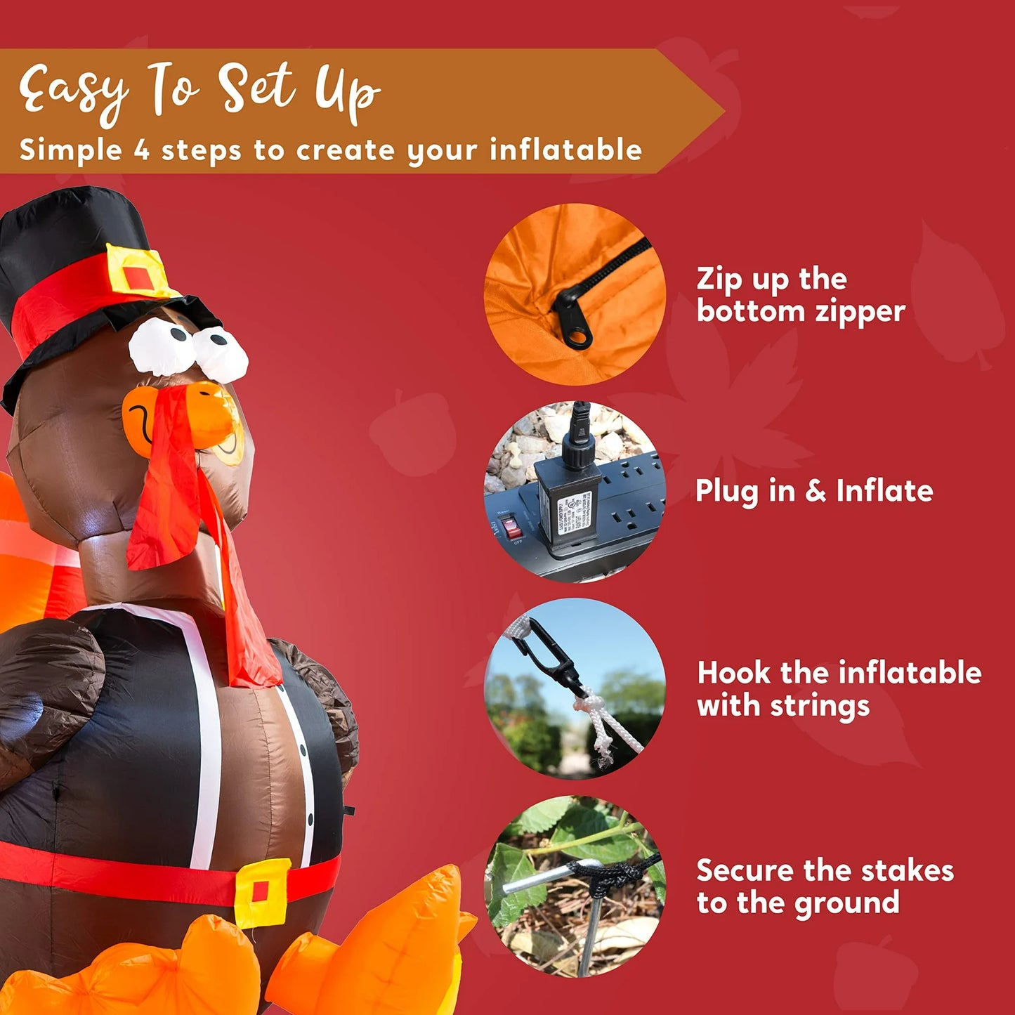Joyfy 6FT Thanksgiving Inflatable Turkey with Pilgrim Hat and LED , Perfect for Thanksgiving Yard Inflatable Decorations