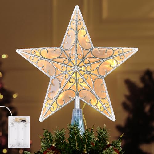 Joyfy Christmas Tree Topper,with LED Silver Print Glitter Small Star Tree Topper with Lights,Light Up Tree Topper Christmas Decorations Xmas Tree Decorations