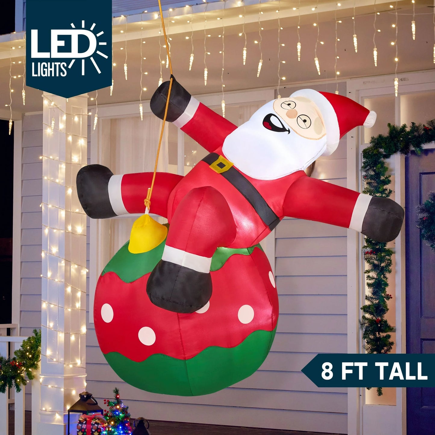Joyfy 8 FT Christmas Inflatables Santa Outdoor Decorations,Christmas Swinging Santa on Ornament Blow Ups Yard with Built-in LEDs for Holiday Party Garden Lawn Decor