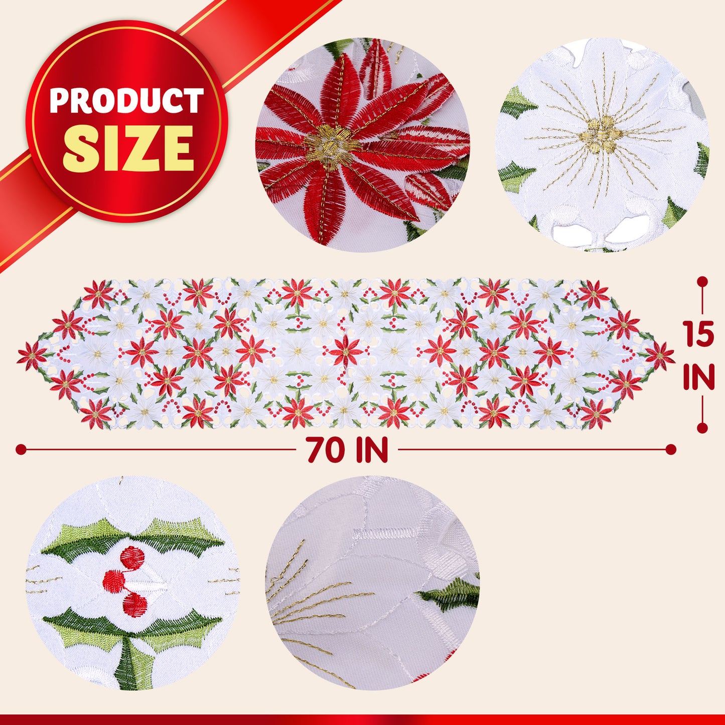 SYNCFUN Holly Leaf Embroidered Table Runner