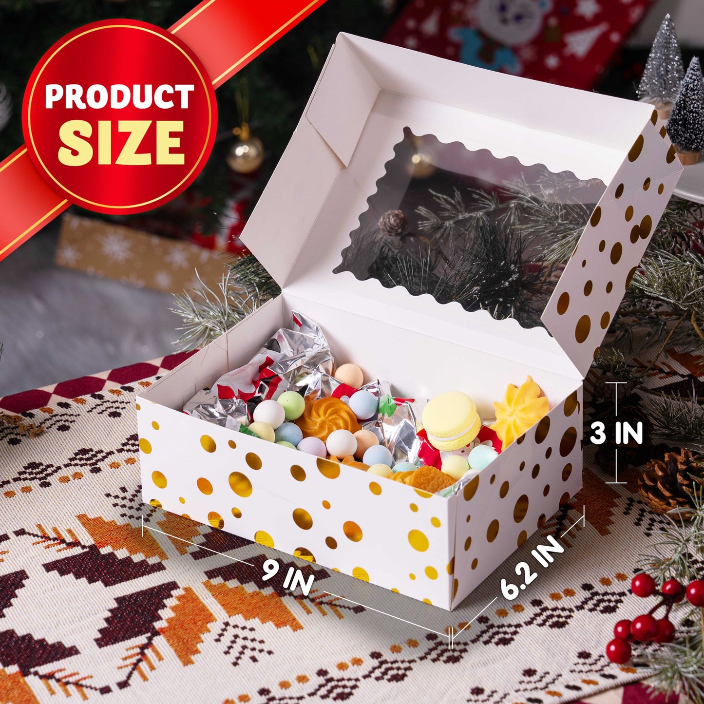 Joyfy 24 Pcs Christmas Cookie Boxes, Gold Foil Treat Boxes with Windows 9" x 6.2" x 3" Bakery Gift Wrapping Box for Xmas Holiday Party Favor Pastries, Cupcakes, Cookies, Donuts Gift-Giving