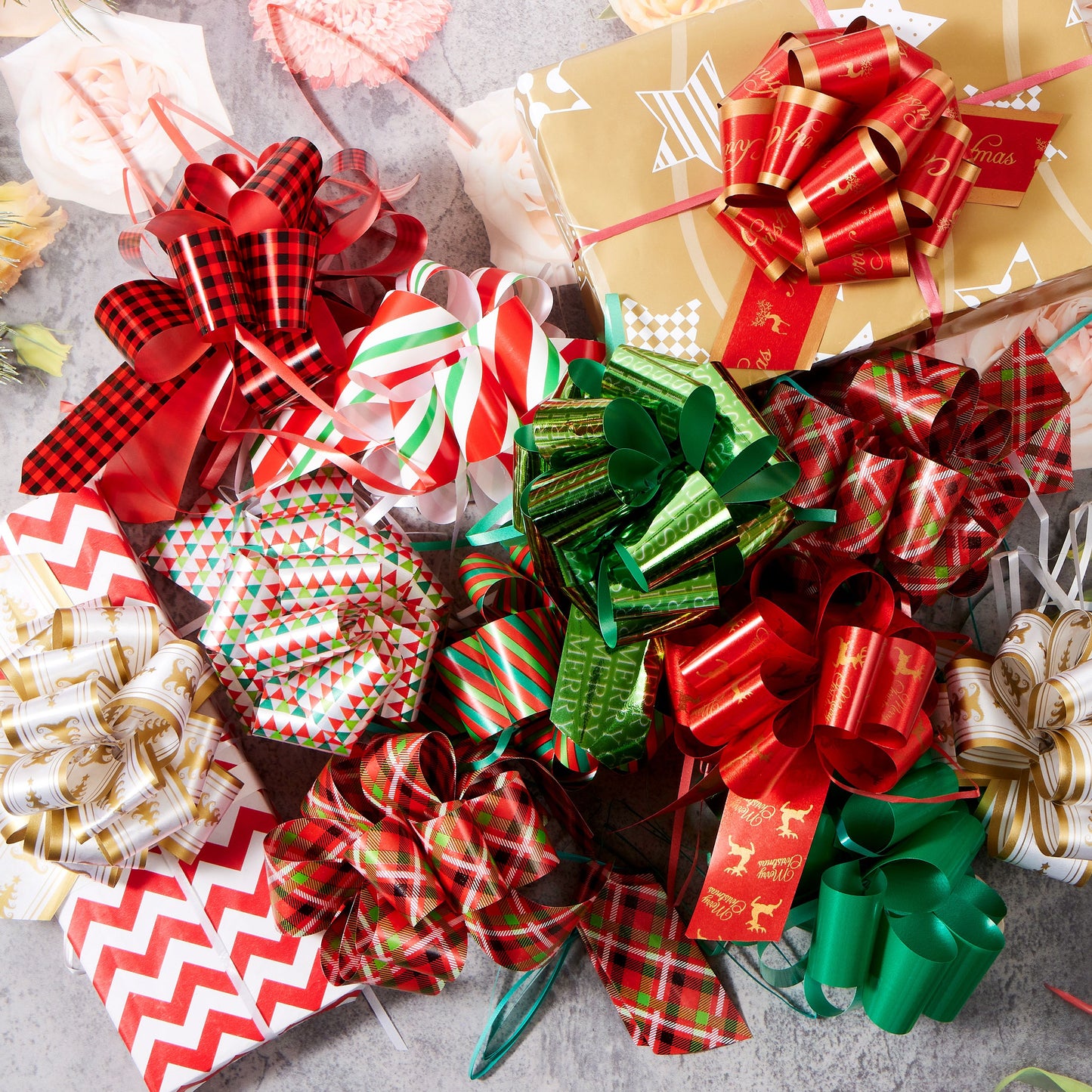 Joyfy 24 Pcs Christmas Pull Bows Present Wrap Ribbon(4.7" Wide), Easy and Fast Gift Wrapping Accessory for presents, Bows, Baskets, Wine Bottles Decoration, Gift Wrapping and Decoration Present