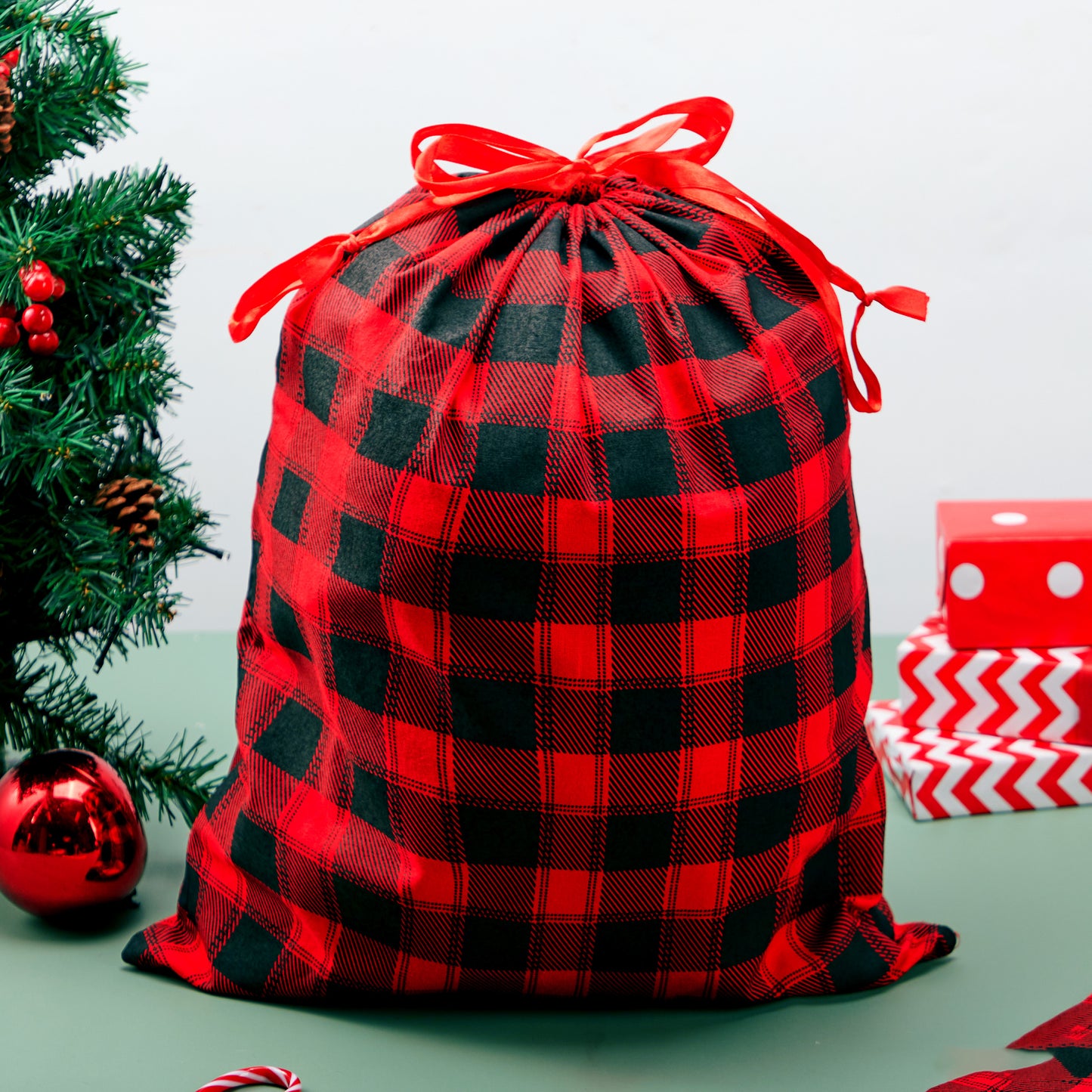Joyfy 6 Pcs Christmas Fabric Drawstring Gift Bags 19" x 14.5" Reusable Christmas Sacks Buffalo Plaid Pouches Gift Wrapping Bag Set for Xmas Holiday Presents Décor, Giant Gifts Decorations