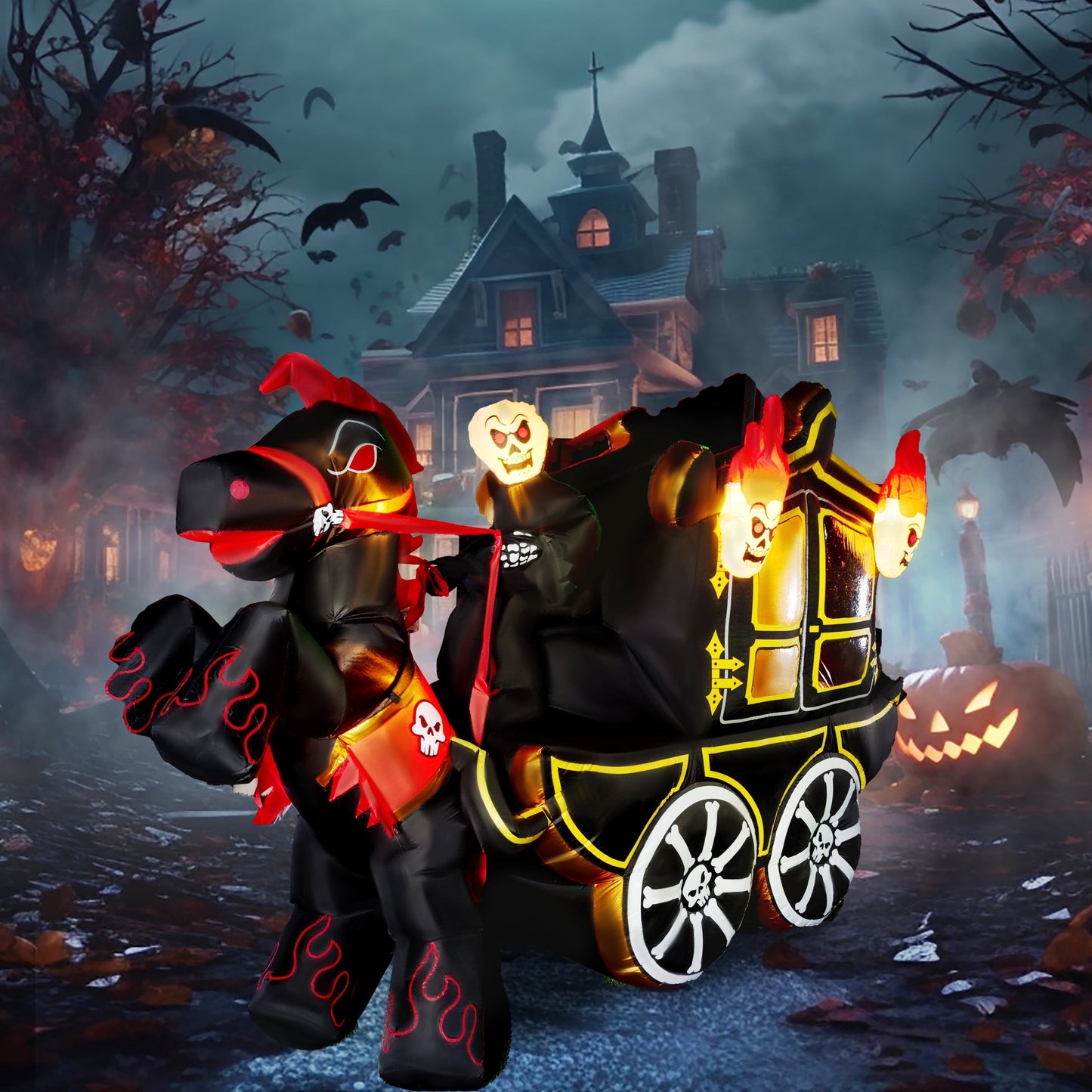 Joyfy 10ft Long Halloween Inflatables Outdoor Decorations,Spooky Carriage Inflatable Ghost with Hellfire Design Built-in LEDs,Blow Up Halloween Decoration for Yard
