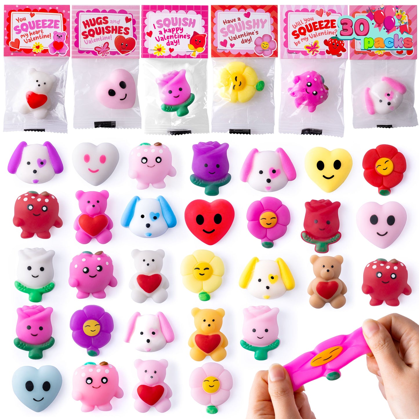 30 Packs Valentine’s Day Gift Cards with Mochi Squishy Toys, Kawaii Squeeze Toys with 6-Design Hangers, Stress Relief Fidget Toys for Kids Valentine's Party Favors, School Classroom Exchange