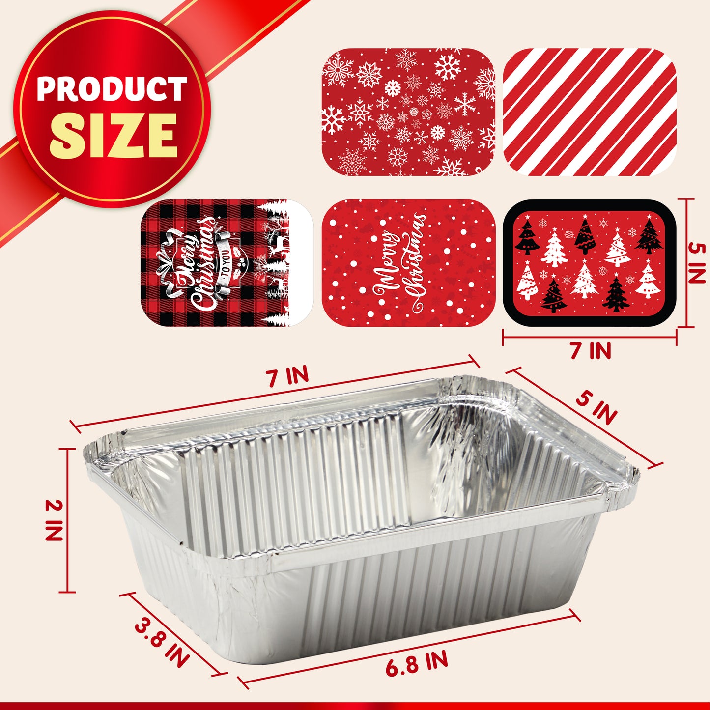 SYNCFUN 36 Pcs Christmas Foil Containers with Lids, 7"x5"x2" Rectangular Treat Foil Containers, Disposable Food Containers for Holiday Baking, Cooking, Heating, Storing, Prepping Food