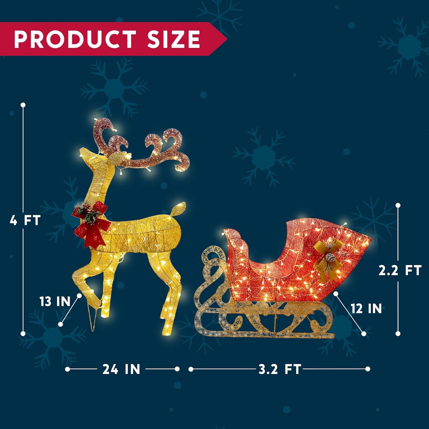 SYNCFUN 4 FT Reindeer Christmas Outdoor Yard Light Decorations,200 LED Lights Reindeer and Sleigh for Christmas Outside Lawn Decor,Warm White Light