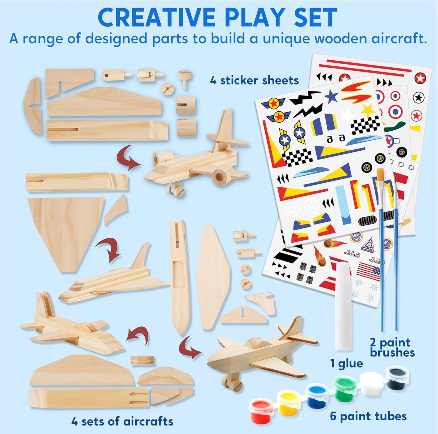Klever Kits 4 Piece Wooden Aircrafts Building & Painting Art Kit for Kids, DIY Airplane Toys Birthday Gift for Boys Ages 6+