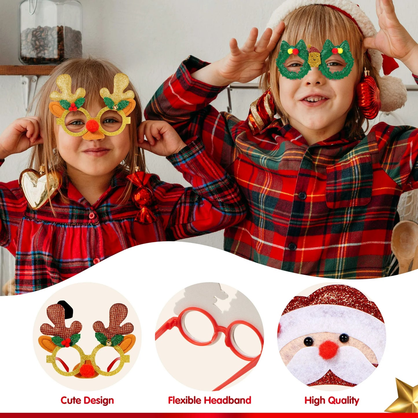 Joyfy 12 Pcs Christmas Eyeglasses Frames Glitter Photo Props for Kids Adult Party Favors Holiday Supplies (One Size Fits All)