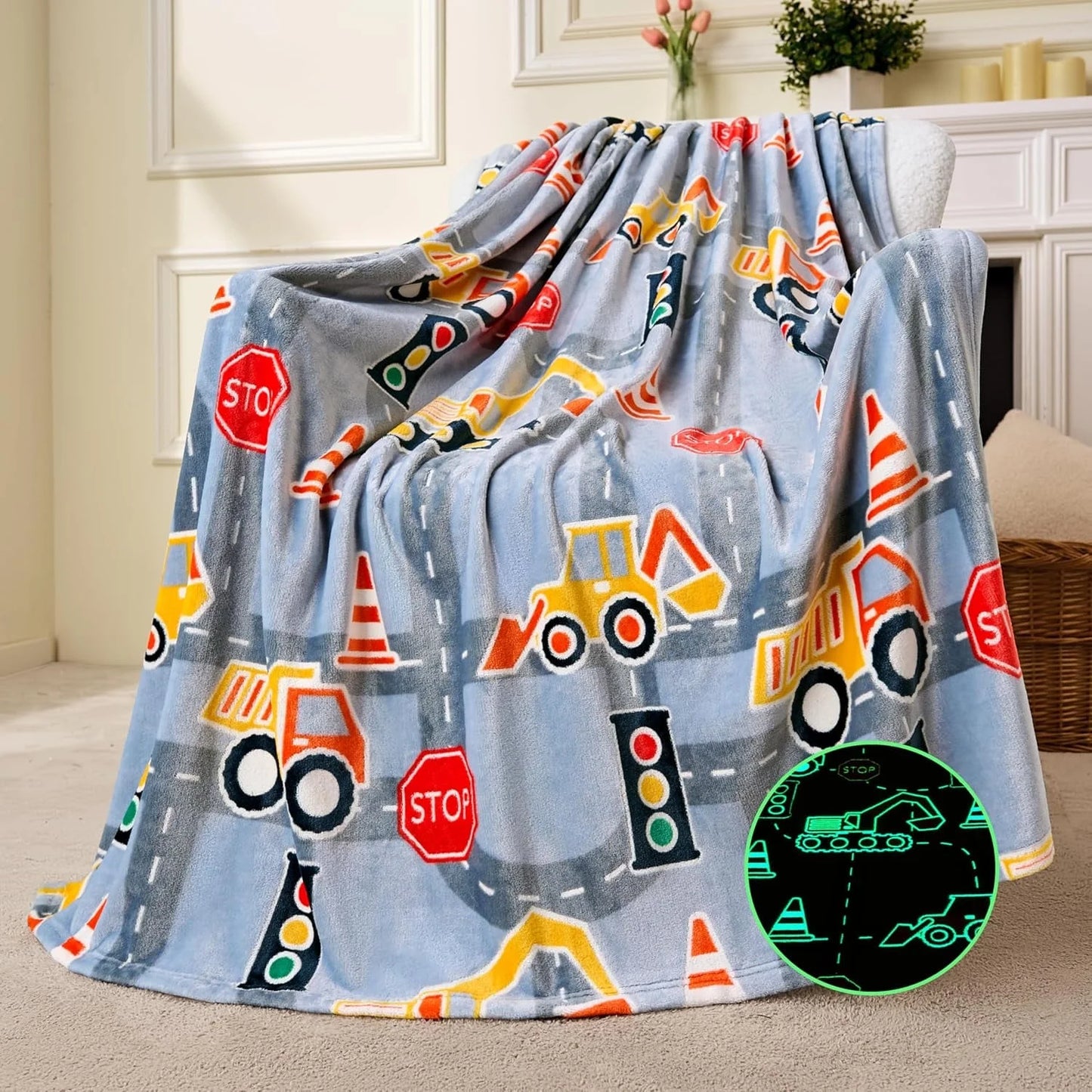 Joyfy Glow in The Dark Blanket-Construction Gifts for Girls Boys 50 x 60 Soft Cozy Flannel Kids Throw Blanket