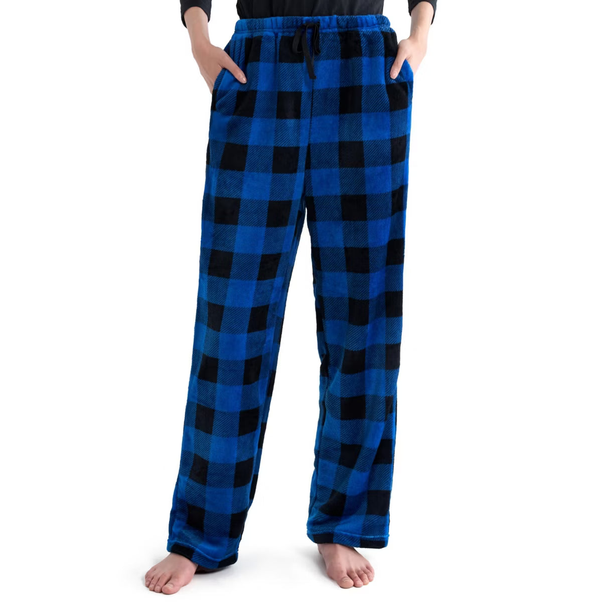 Joyfy Pajama Pants for Women Sleep Bottoms Soft Flannel Fleece Pajama Bottoms with Pockets Drawstring S/M/L/XL/XXL/3XL Sleep Lounge Black & Blue Plaid