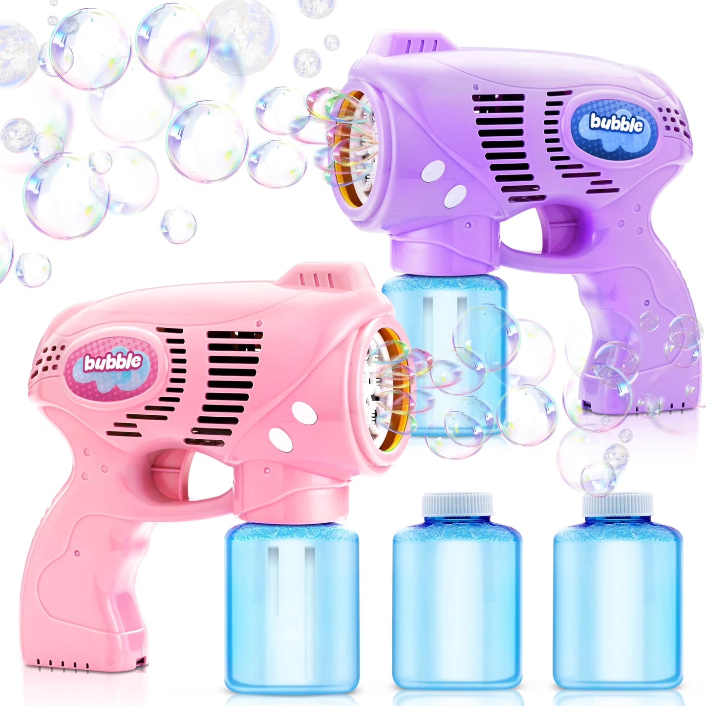 SYNCFUN 2 Pack Automatic Bubble Gun Set with 10 oz Refill Solution, 5000 Bubbles Per Minute High Output Machine for Outdoor Family Activities, Parties and Easter Basket Stuffers