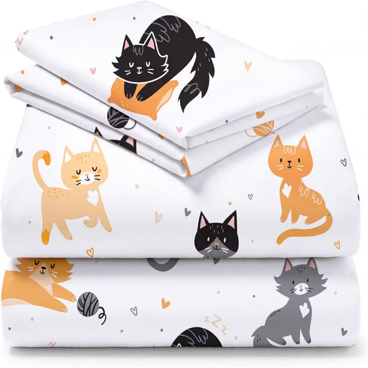 4 Piece Soft Microfiber Kids Full Sheet Set Cat - Deep Pocket Wrinkle Free - Cozy Toddler Bedding Set - Fade Resistant Breathable for Boys Girls Teens