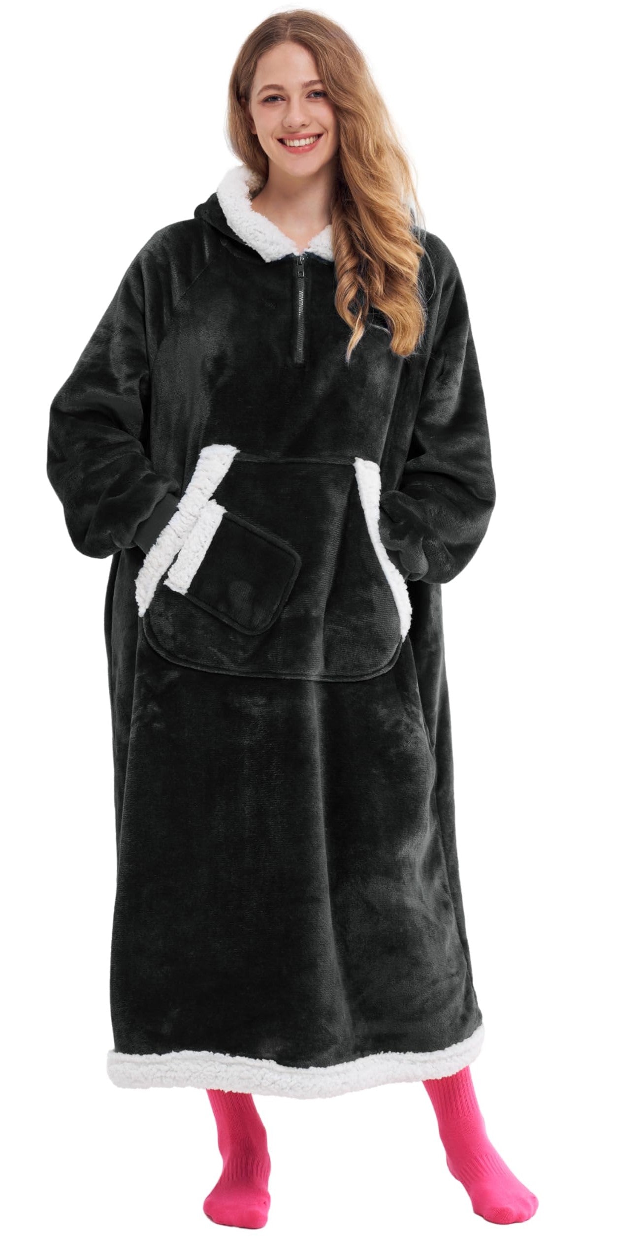 Joyfy Wearable Blanket Hoodie, Long Hooded Blanket Sweatshirt, Oversize Hoodie for Women and Men,Clothing Gift for Women Men Mom Dad,Giant Hood Pocket and Sleeves for AdultBlack,Regular