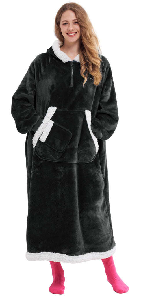Joyfy Wearable Blanket Hoodie, Long Hooded Blanket Sweatshirt, Oversize Hoodie for Women and Men,Clothing Gift for Women Men Mom Dad,Giant Hood Pocket and Sleeves for Adult(Black,Regular)