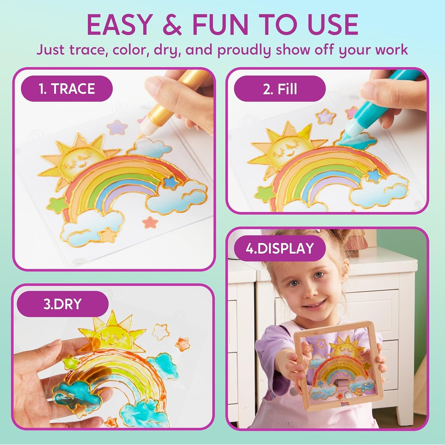 Klever Kits Gel Art Painting Kits with Photo Frame, Paint Your Own Unicorn Window Art Kit, Birthdays Gift for Girls Ages 6+