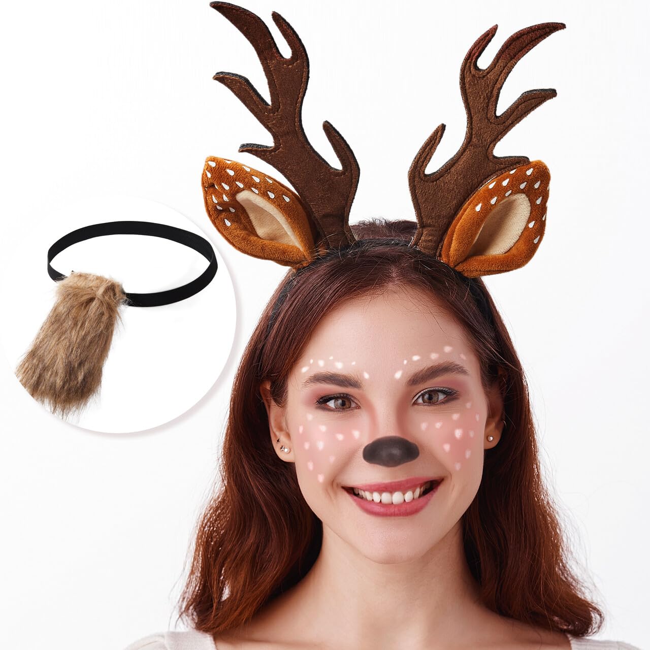 Joyfy Halloween Deer Headband,Antler Headband Reindeer with Fawn Tail for Girls Women,Halloween Party Props Cosplay Accessories