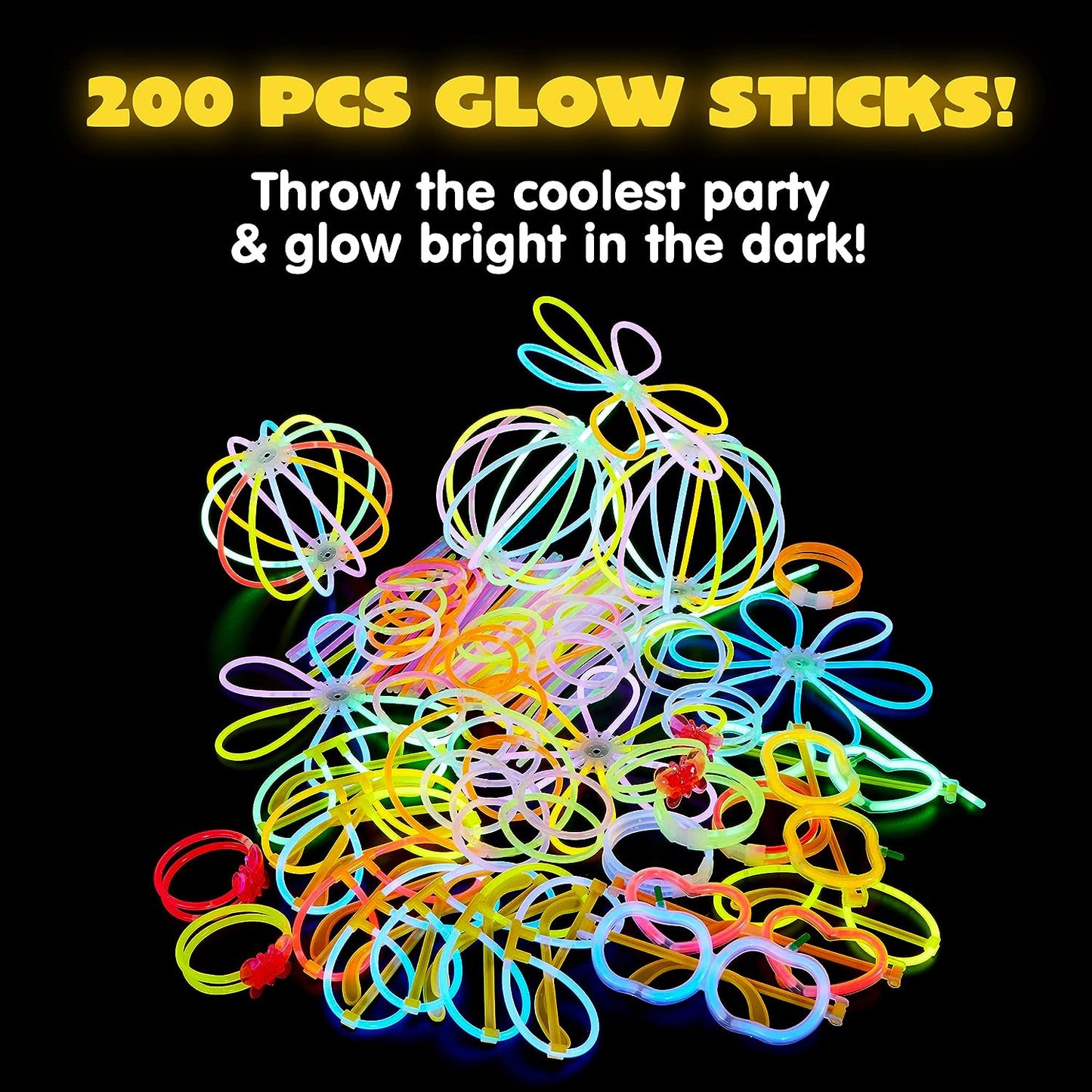 JOYIN 200 Pcs Glow Sticks, 8" Glow in the Dark Sticks Glow with Necklaces and Bracelets Connectors, Light-up Glowsticks Party Favors