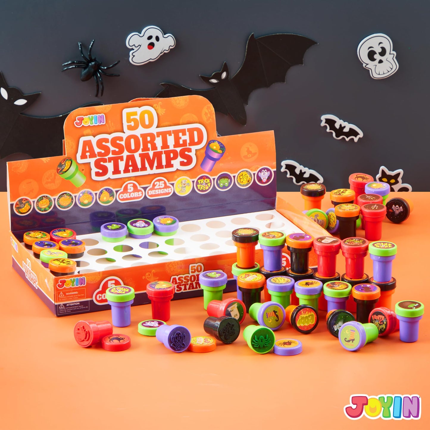 JOYIN 50 Pieces Halloween Assorted Stamps Kids Self Ink Stamps,25 Designs Plastic Stamps,Trick Or Treat Stamps,Spooky Stamps for Halloween Party Gifts,Game Prizes,Halloween Goodies Bags