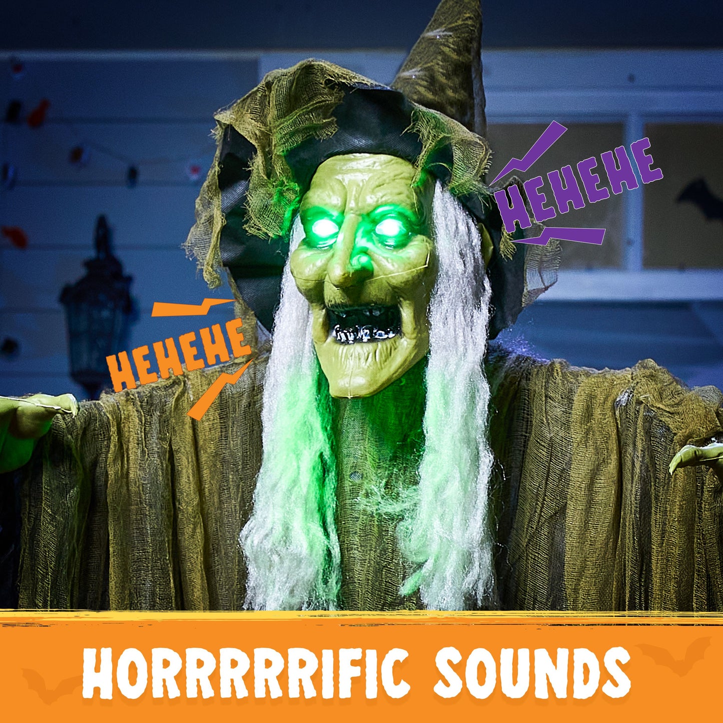 Syncfun 67 Inch Animated Halloween Witch Decoration,Outdoor Brown Ragged Robe Green Face Witch with Light and Sound Decoration for Halloween Outdoor Decor