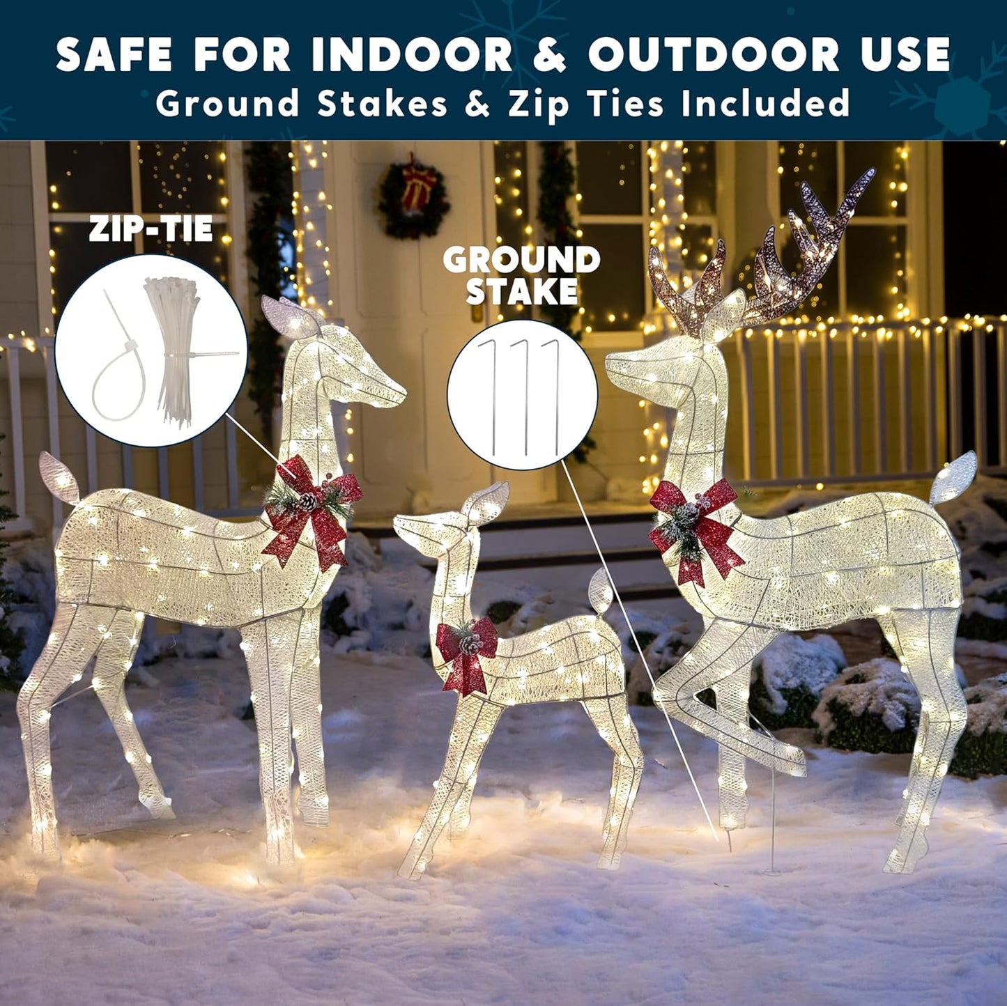 SYNCFUN 3 Pack Reindeer Christmas Outdoor Yard Light Decorations,360 LED Lights Deer Family for Christmas Outside Lawn Decor,Warm White