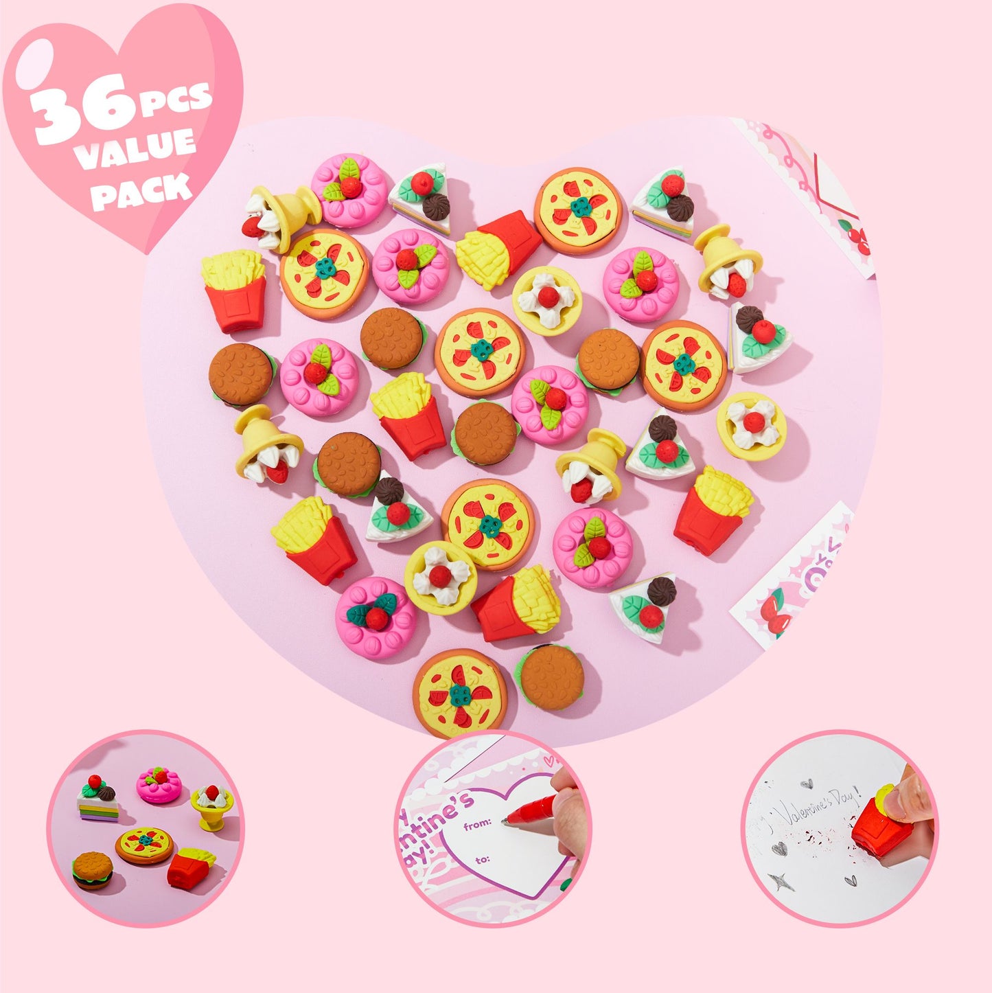 36 Pieces Valentines Day Gift Cards with 3D Dessert Erasers for Kid Classroom Valentines Day Cards, Party Favor Toy Card Party Favor, Classroom Prize Supplies, Valentine’s Greeting Cards
