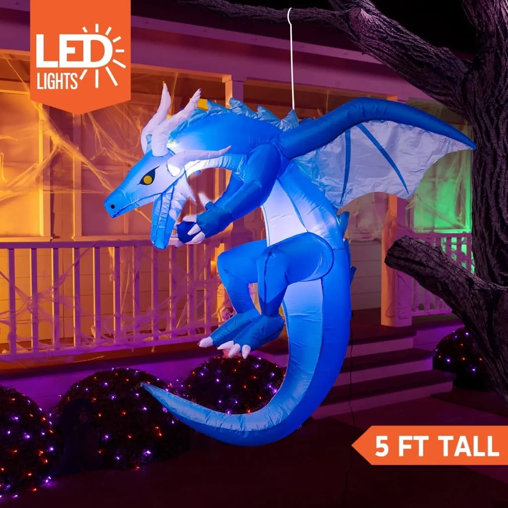 JOYIN 5 FT Halloween Inflatable Ice Dragon,Blue Hanging Flying Dragon Inflatable Halloween Blow Up Yard Decorations Outside Decorations