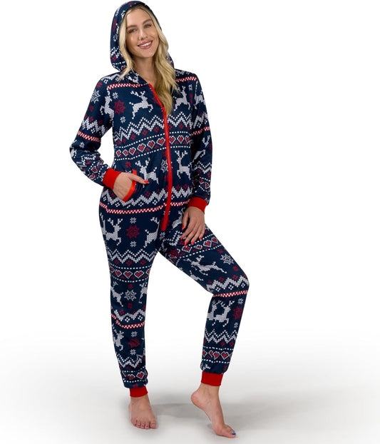 SYNCFUN Women's Christmas Pajamas, Adult Christmas Hooded One-Piece Pajamas Women Pajamas Ugly Christmas Sweater Hoodies