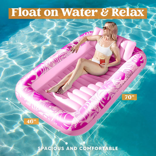 Sloosh Inflatable Tanning Pool Lounger Float, 70" x 46" Large Suntan Tub with Pillow, Water Raft Float For Kids & Adults Pink