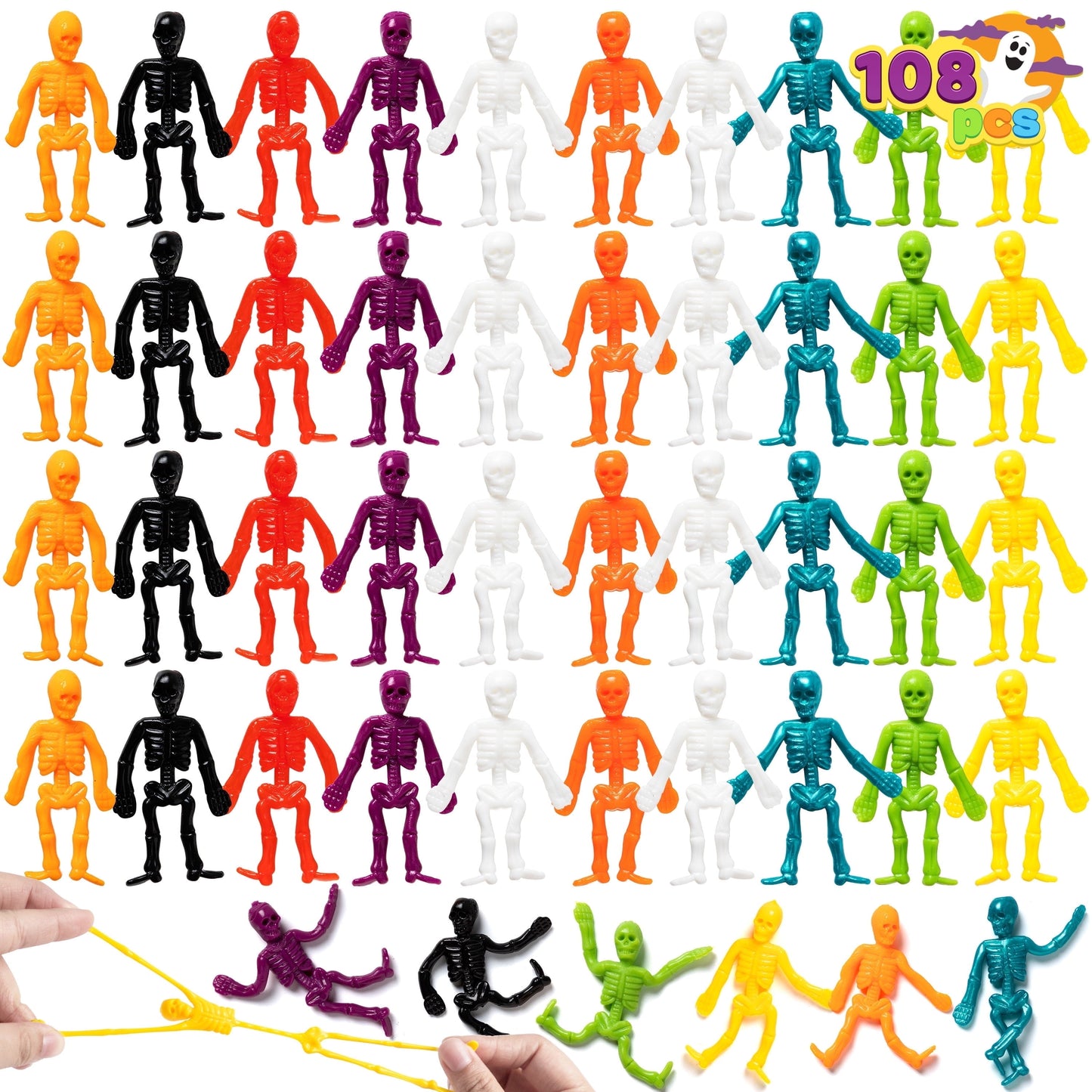 Joyfy 108 Pcs Halloween Stretchy Skeleton Toys,Halloween Toys Bulk for Party Favors,Halloween Goody Bag Fillers,Halloween Sticky Toys for Classroom Prizes