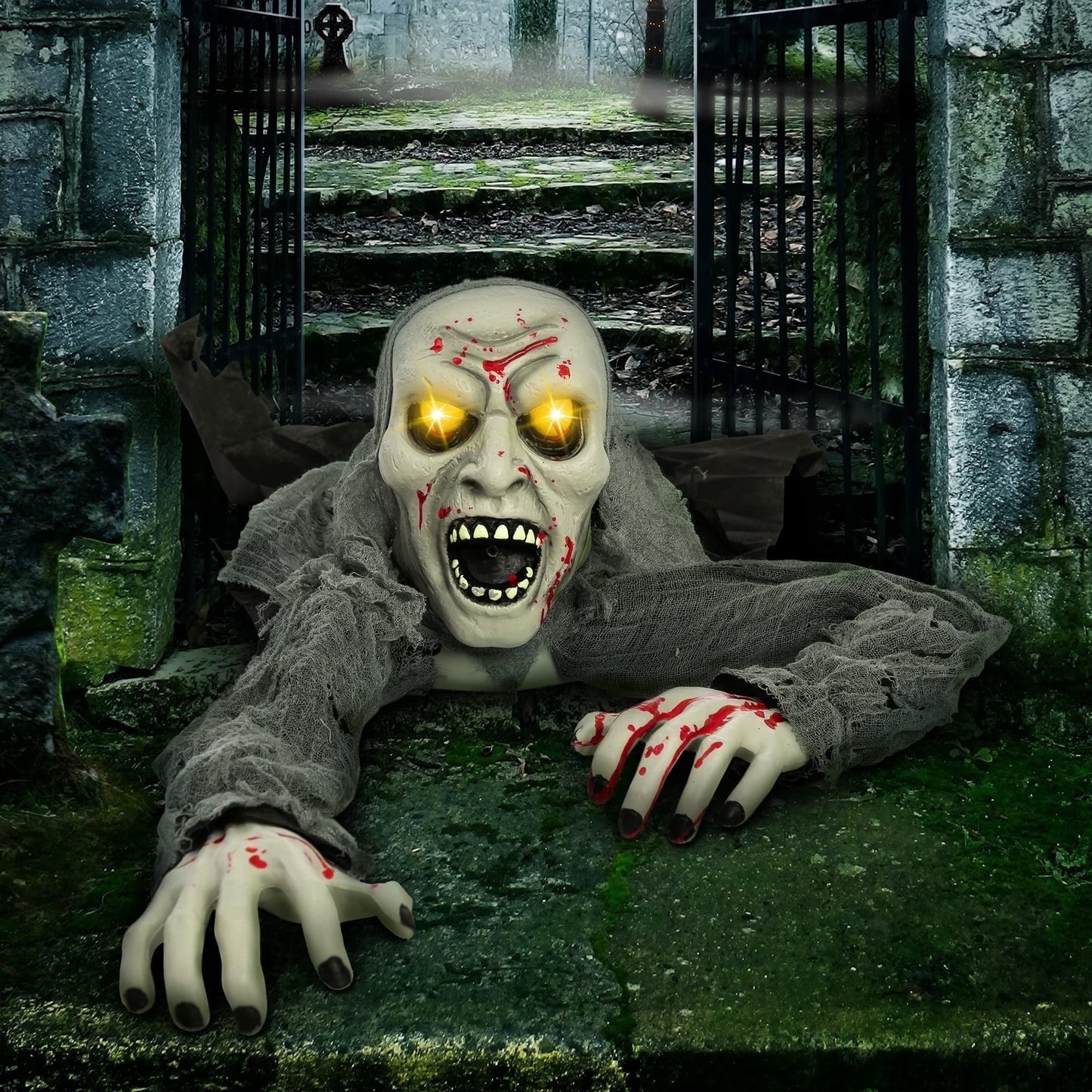 Joyfy Halloween Groundbreaker Animated Halloween Decorations Zombie with Bloodstain,Sound and Flashing Eyes,Outdoor Scary Halloween Yard Decorations