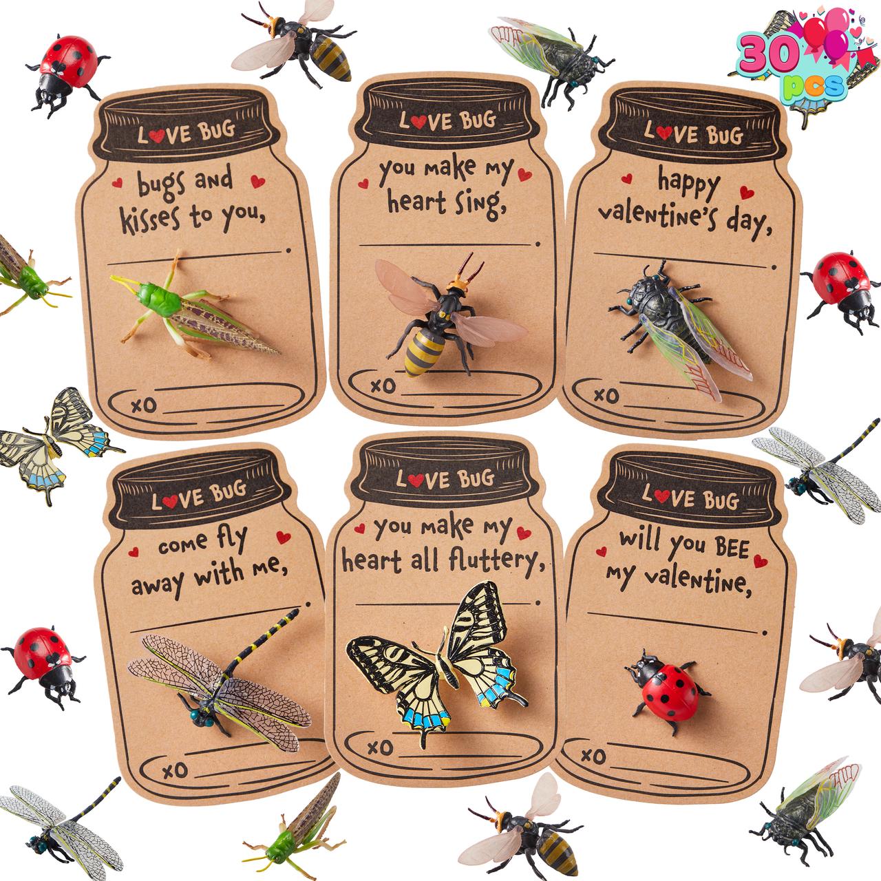 30 Pcs Valentines Day Gift Cards Realistic Bug Toy Set for Kids Valentine's Classroom Exchange Party Favor Toys, Valentine Gift Exchange