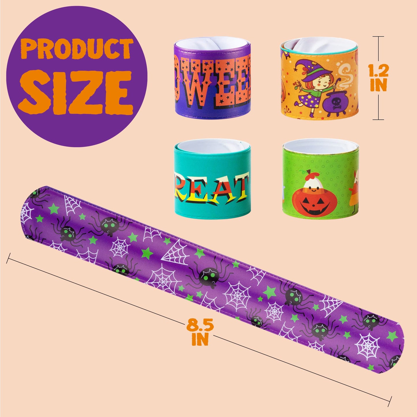 SYNCFUN 100 Pcs Halloween Slap Bracelets for Kids,Halloween Toys Bulk with Spider,Pumpkins,Animal Print for Prizes Gift Trick or Treat Party Favors,Halloween Crafts for Kids,Classroom Favors