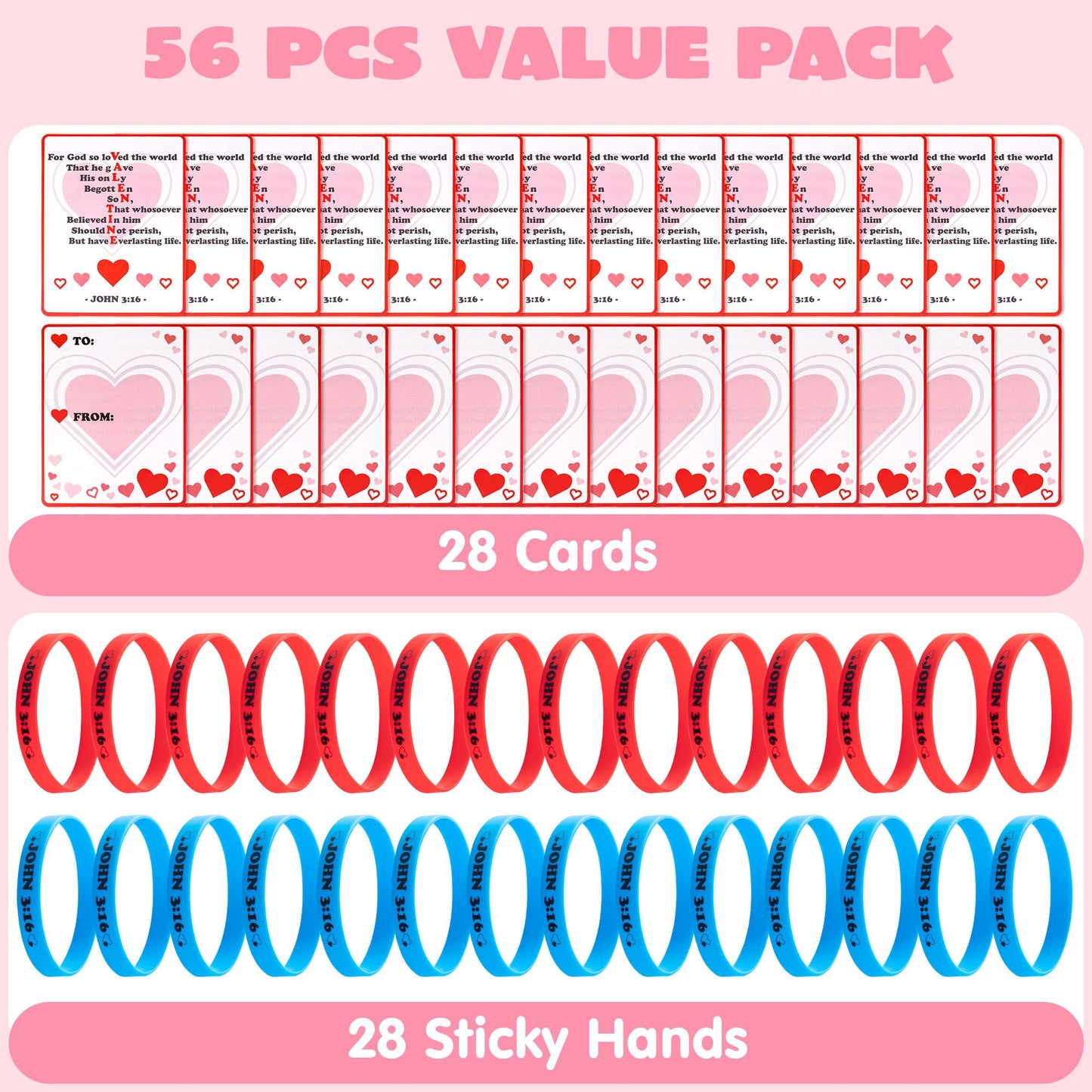 56 Pcs Valentine’s Day Silicone Bracelet with Cards, John 3:16 Rubber Bracelet Valentine Gift, Valentines Day Party Favor Supplies, Valentine Classsroom Exchange Prizes, Holiday Reward Gifts
