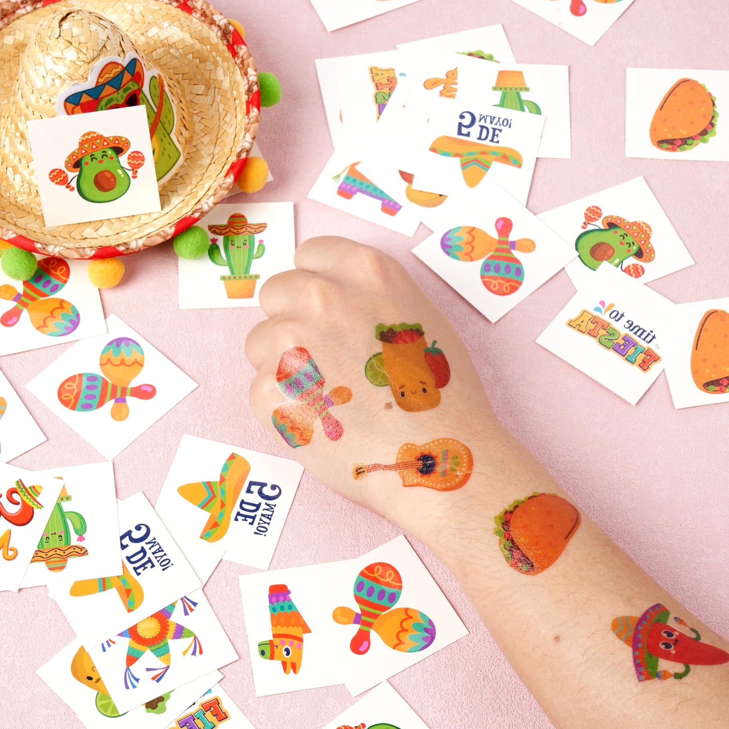 144 pieces of Cinco De Mayo Mexico themed party temporary tattoo set, carnival party fake tattoo stickers, straw hats