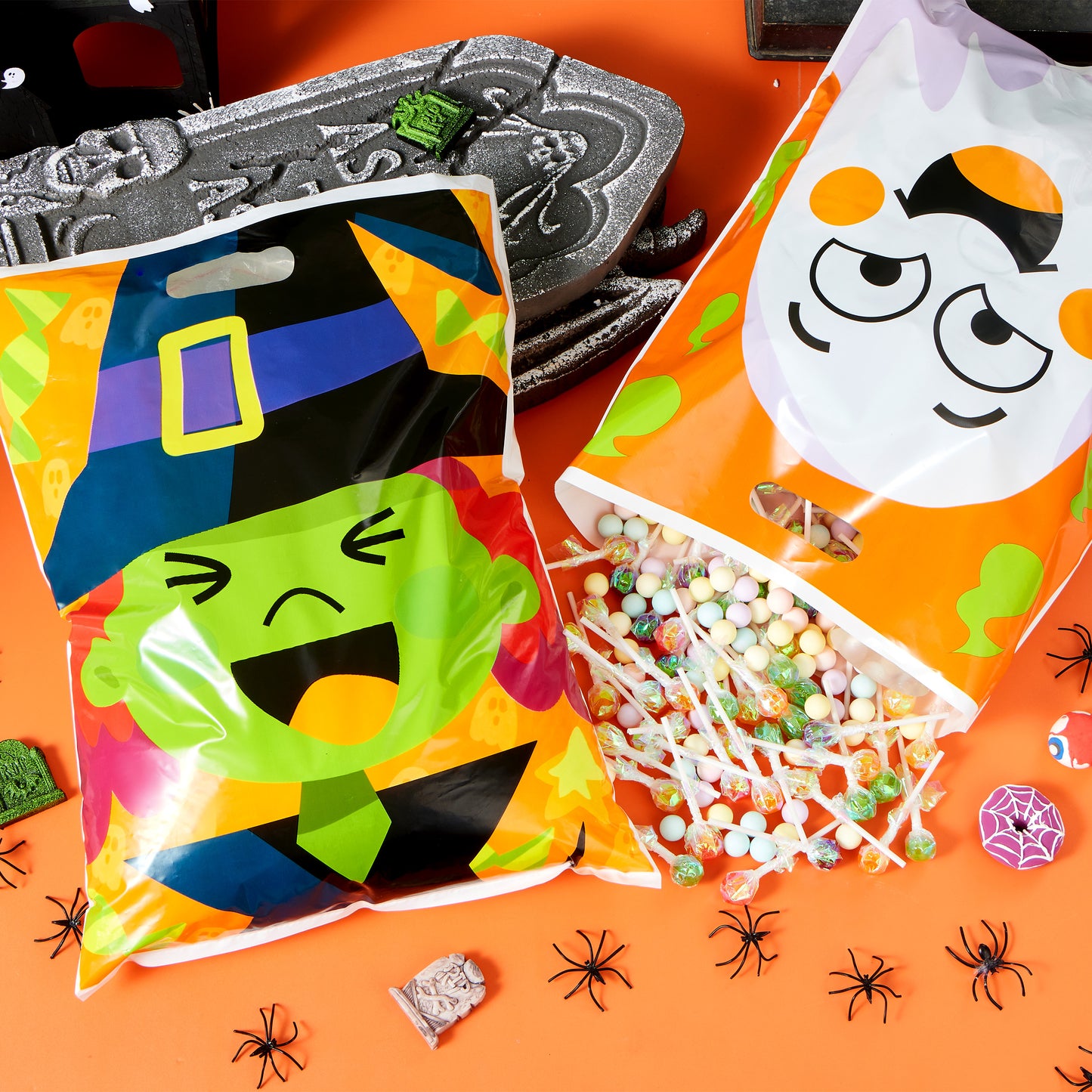 SYNCFUN 72 Pcs Halloween Treat Bags Goodie Bags Plastic Halloween Candy Bags Trick or Treat Creepy Designs Halloween Bags for Kids Trick or Treat,Classroom Goody Bags