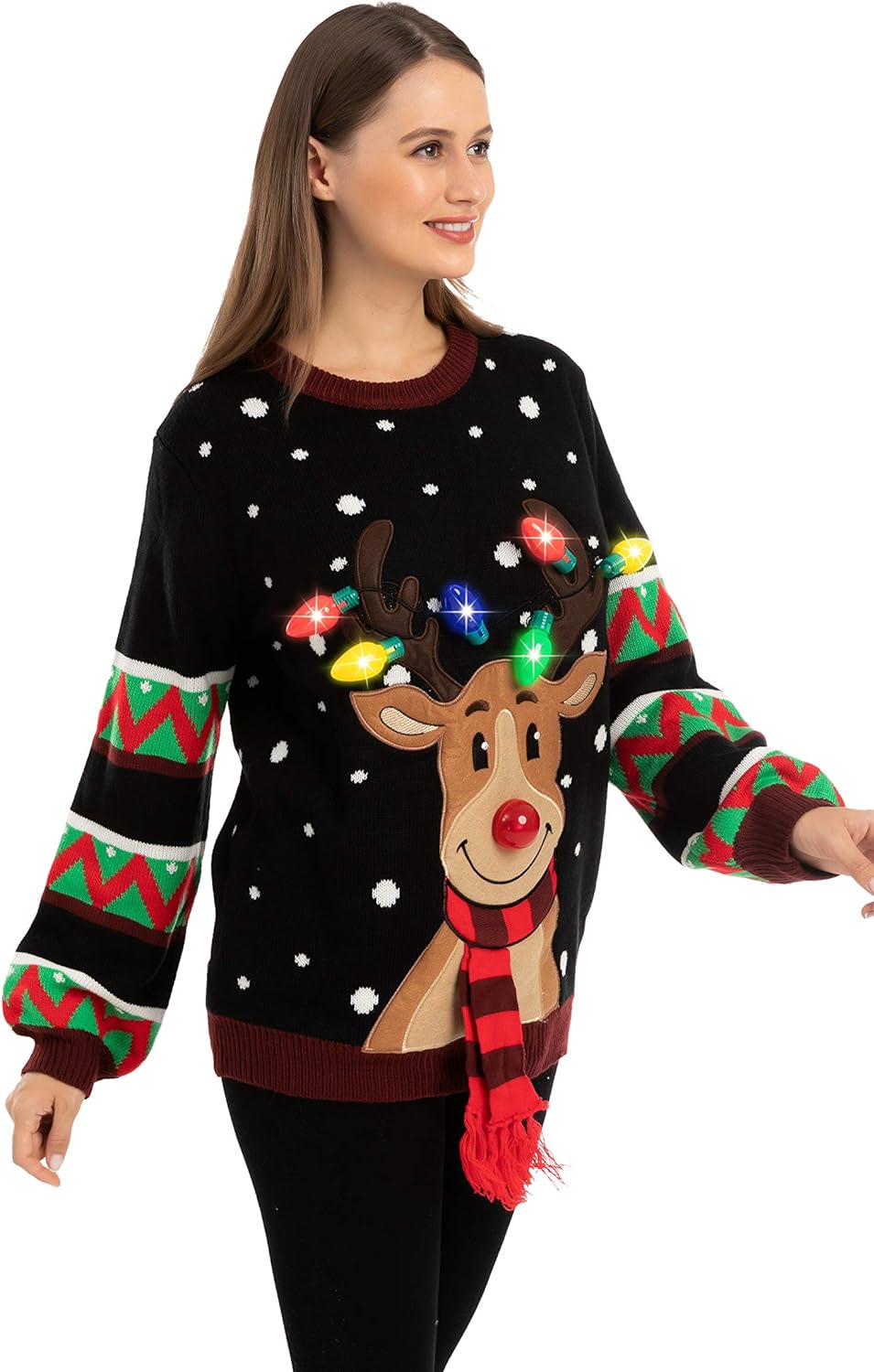 Joyfy Light Up Ugly Christmas Sweaters for Women,Funny LED Reindeer Christmas Sweater for Women,Holiday Sweater