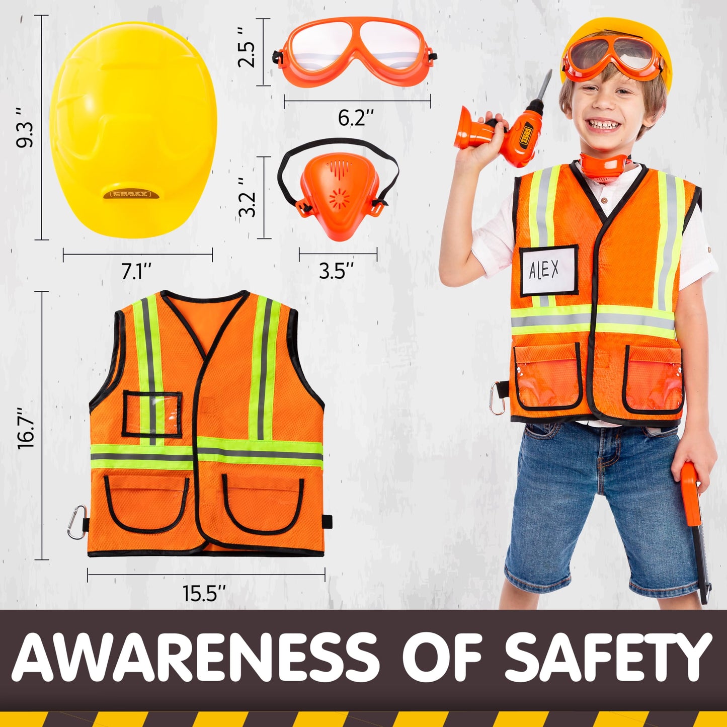 Workbenches with Construction Worker Hat Costume & Electronic Toy Drill, (19 Pieces)