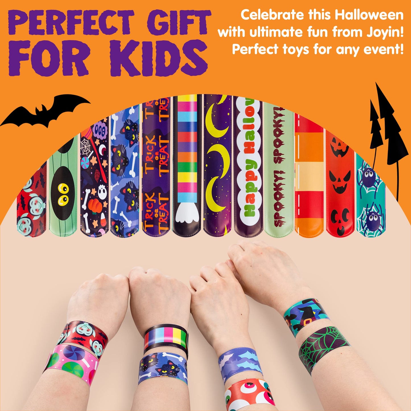 SYNCFUN 120 Pcs Halloween Slap Bracelets for Kids,Halloween Toys Bulk with Spider,Pumpkins,Animal Print for Prizes Gift Trick or Treat Party Favors,Halloween Crafts for Kids,Classroom Favors