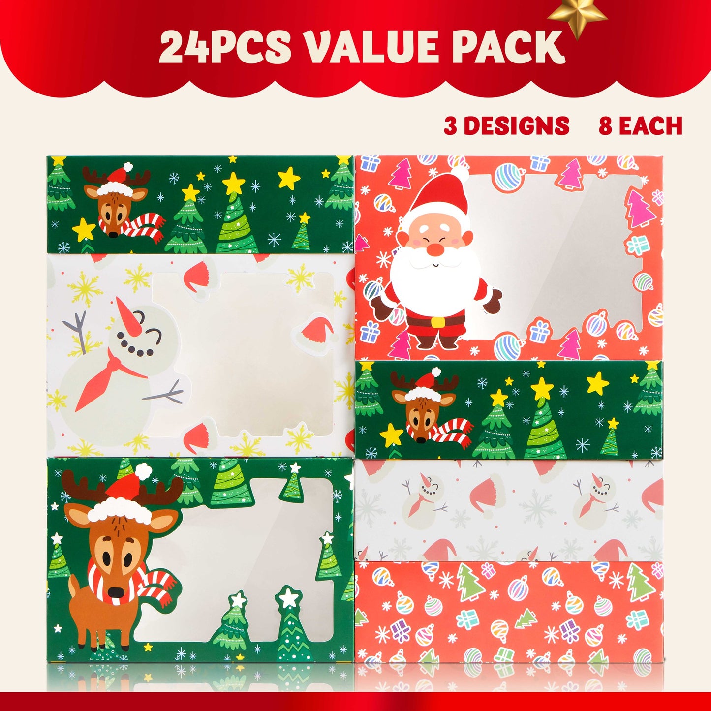 SYNCFUN 24 Pcs Christmas Foil Treats Cookie Gift Box 8.75" x 5.75" x 2.75" Colorful Pattern with Window for Pastries, Cupcakes, Cookies, Brownies, Donuts Gift Giving
