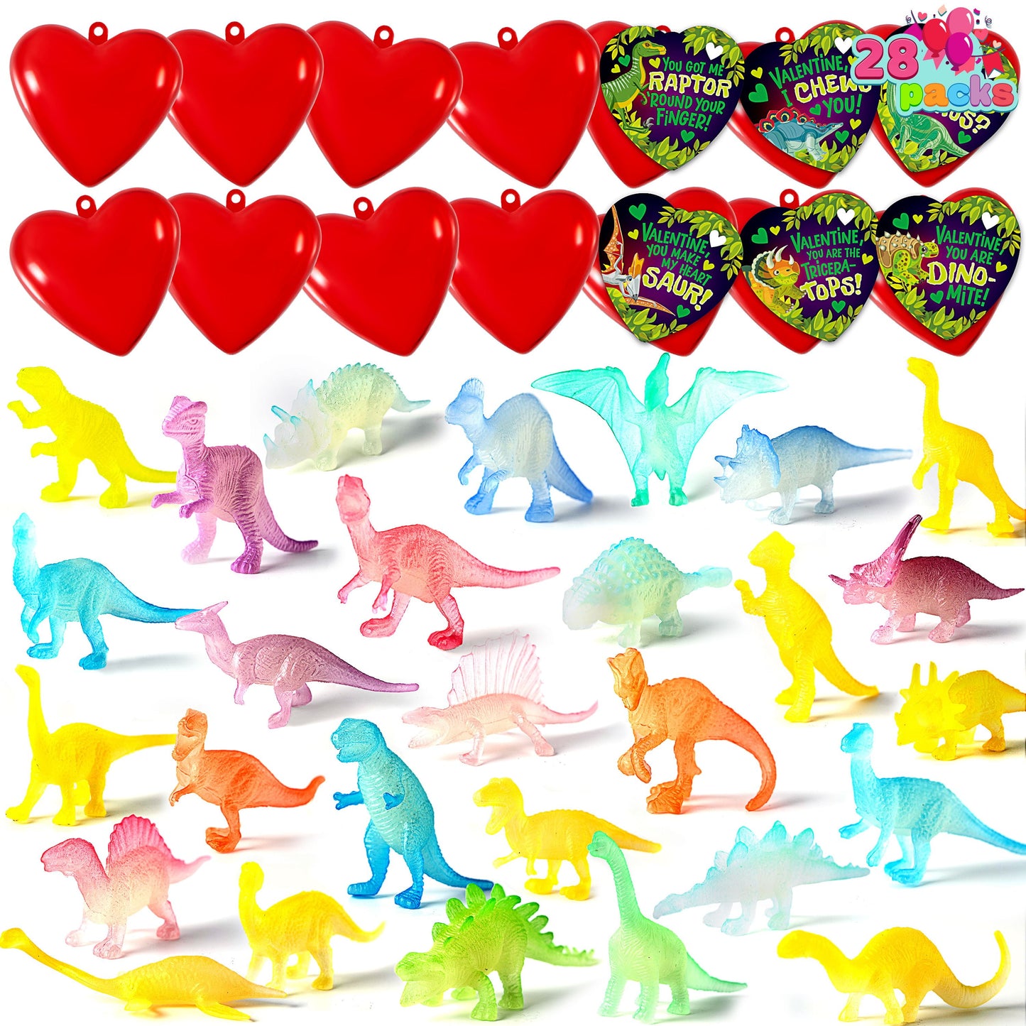 28 Packs Valentines Day Cards with Glow in dark Dinosaur Toys and Heart Shells for Valentine Kids Party Favor, Classroom Exchange Prizes, Valentine’s Greeting Cards
