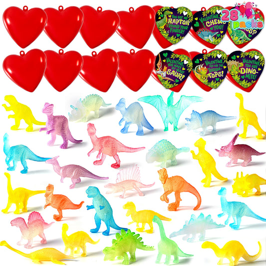 28 Packs Valentines Day Cards with Glow in dark Dinosaur Toys and Heart Shells for Valentine Kids Party Favor, Classroom Exchange Prizes, Valentine’s Greeting Cards