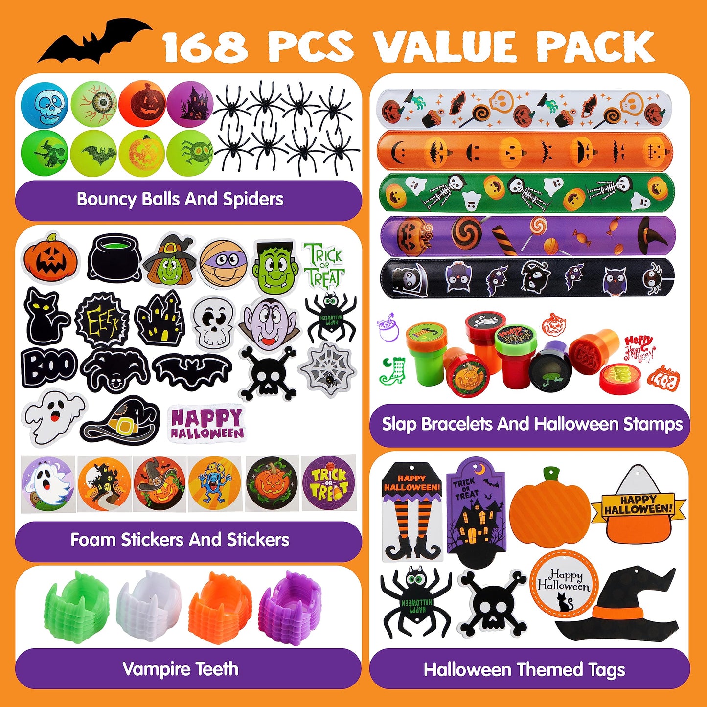Joyfy 168 Pcs Halloween Stationery Party Favors,Halloween Gifts for Kids,Halloween Goodies Including Halloween Vampire Teeth,Spiders,Stamps,Stickers,Slap Bracelets
