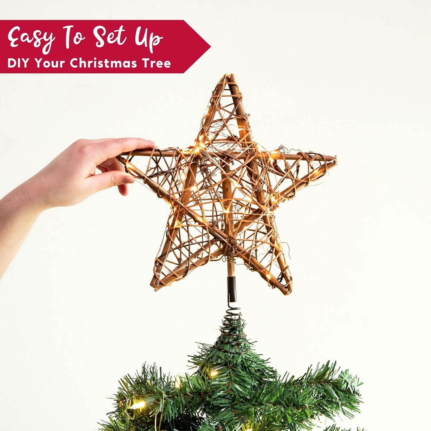 Joyfy 8 Inch Christmas Tree Topper with 30 LED, Rustic Rattan Star Lighted for Christmas Decorations Indoor/Outdoor, Holiday Gift