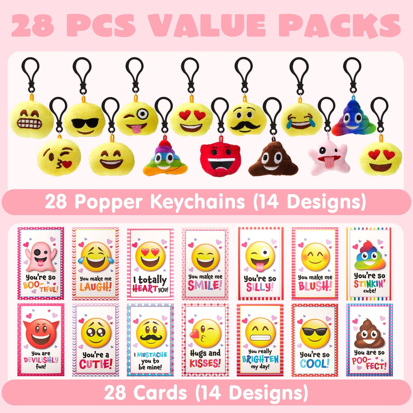 28 Packs Valentines Day Gifts Cards with Plush Key Chain, Valentine School Class Exchange Cards for Kids Girls Boys